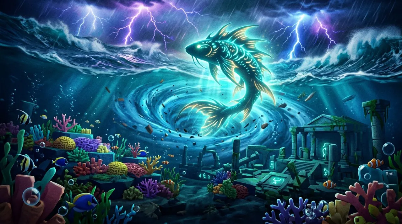 Fisch Atlantean Storm Bestiary guide cover — a giant storm fish above turbulent whirlpools over atlantean ruins