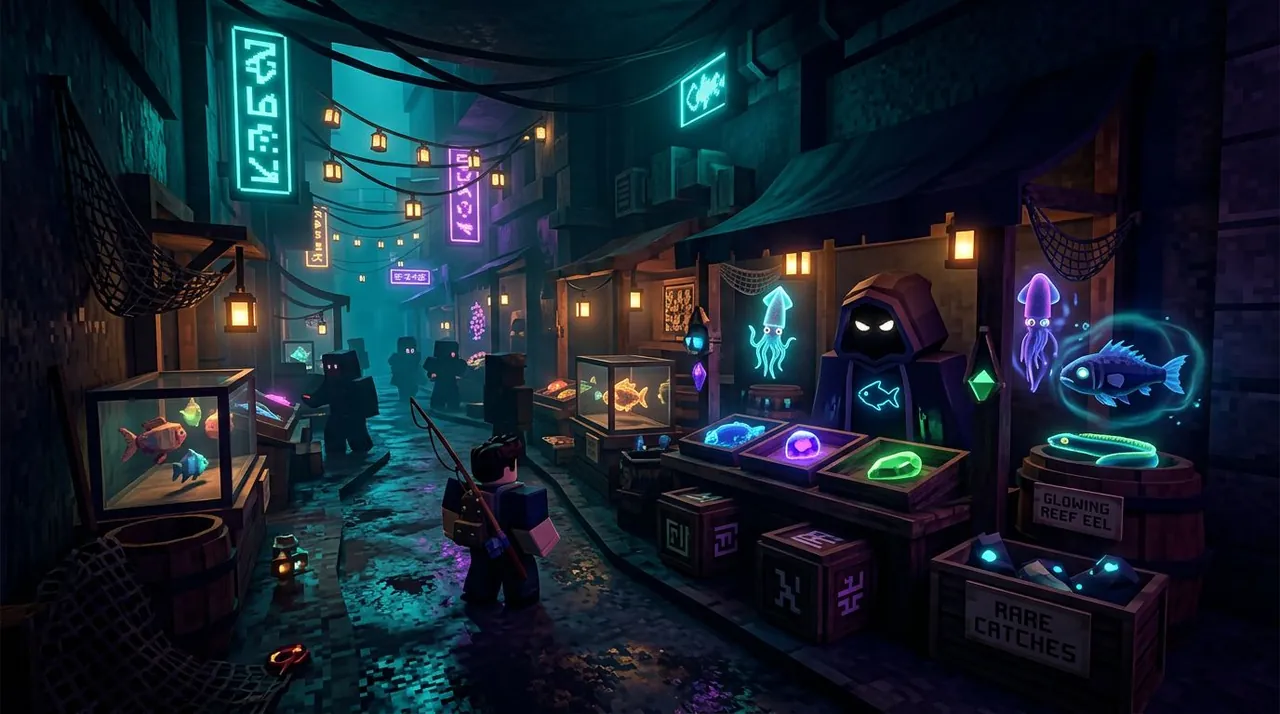 Fisch Black Market guide cover — a shady underground fish bazaar stall at night