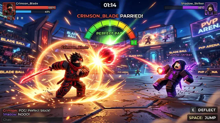 Blade Ball player executing a perfect deflect with timing indicator