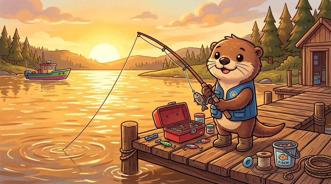 Fisch Companions guide cover — a friendly otter companion with a fishing rod by a dock