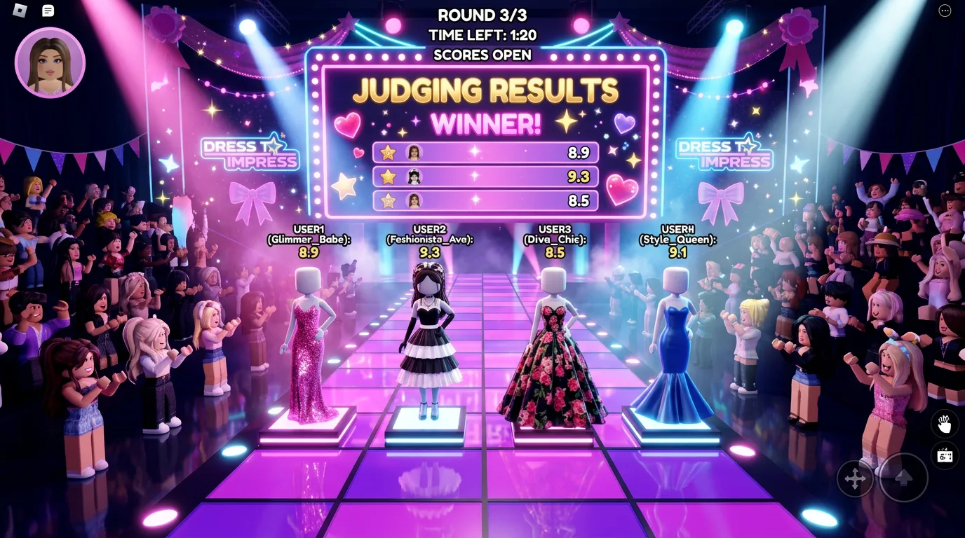 Dress to Impress runway judging screen Dress to Impress Roblox fashion runway showing four avatars on glowing podiums beneath judging results