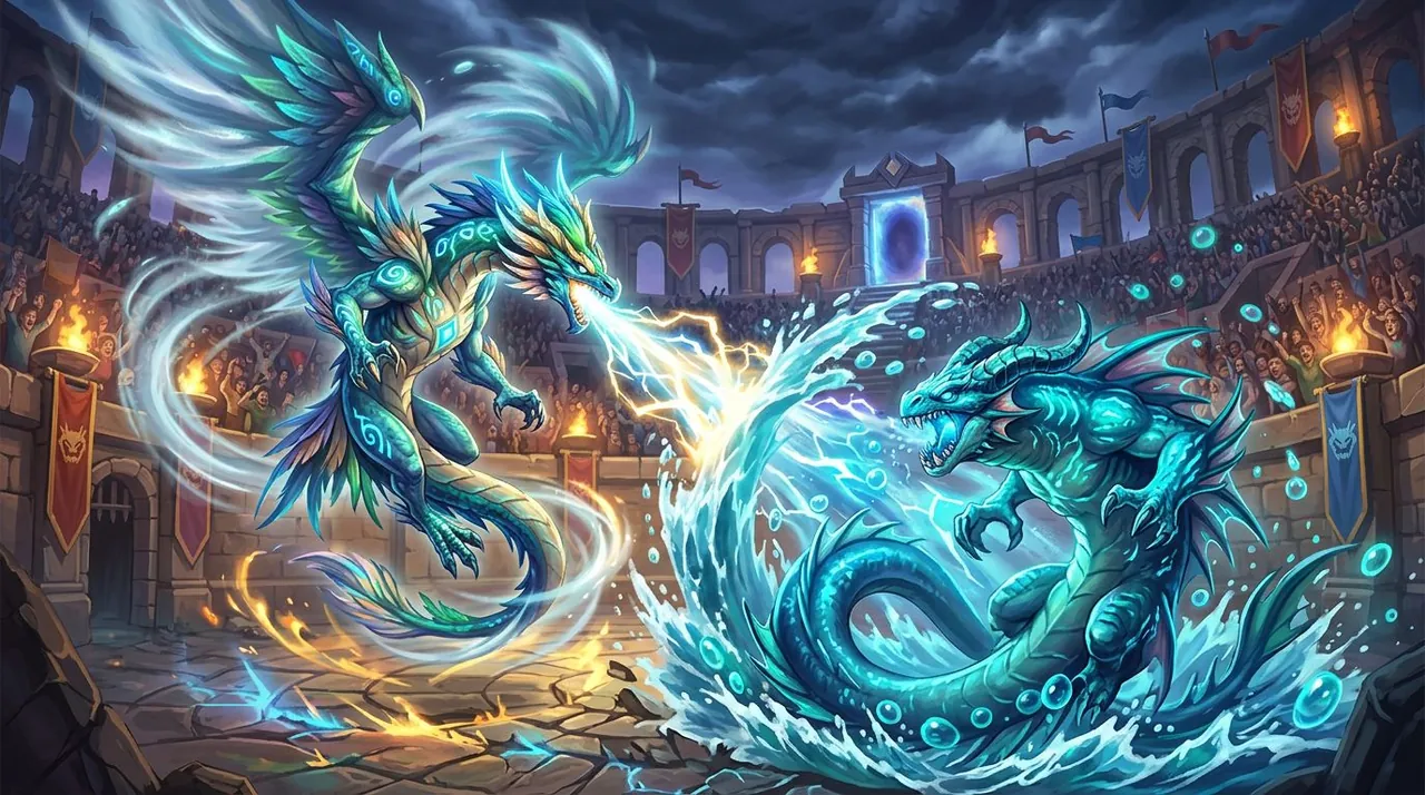 Monster Legends Grandmaster Duels guide cover — Aristocratic era monsters dueling in a grandmaster arena