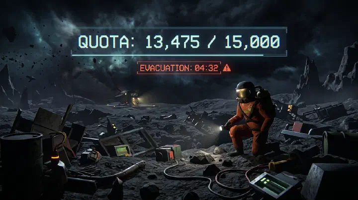 Lethal Company High Quota Late Game Guide — crew huddling on a cramped moon with escape lights visible
