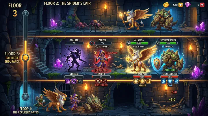 Monster Legends dungeon adventure team fighting through multiple floors