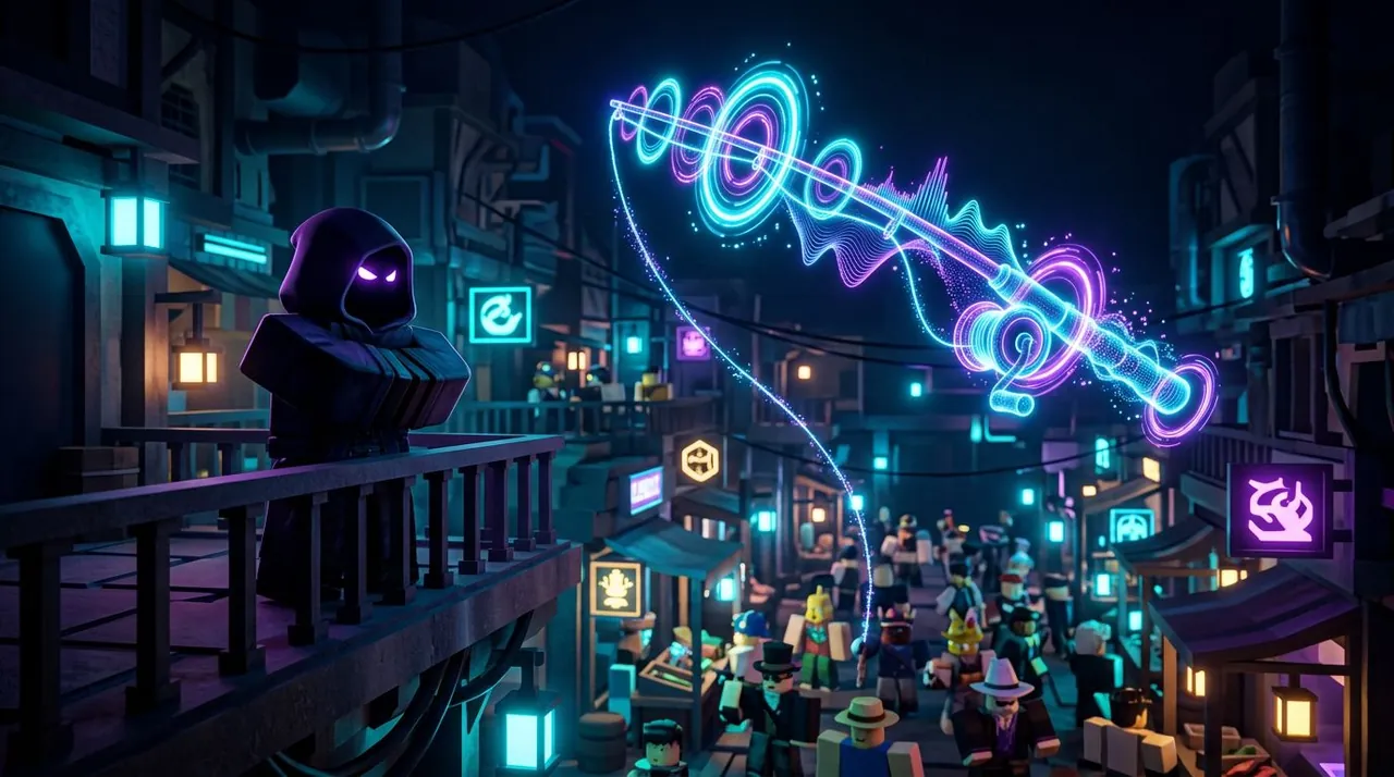 Fisch Noiseform Rod guide cover — a glowing soundwave fishing rod above the Shady Bazaar at night