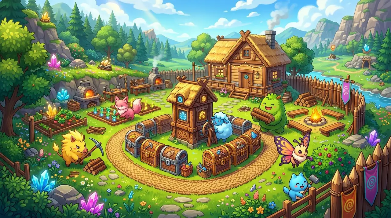 Palworld 1.1 update guide cover — a Pal base being rebuilt under a patch-note sky