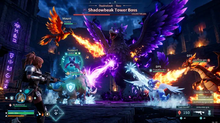 Palworld team of 5 Pals working together in a Tower boss fight