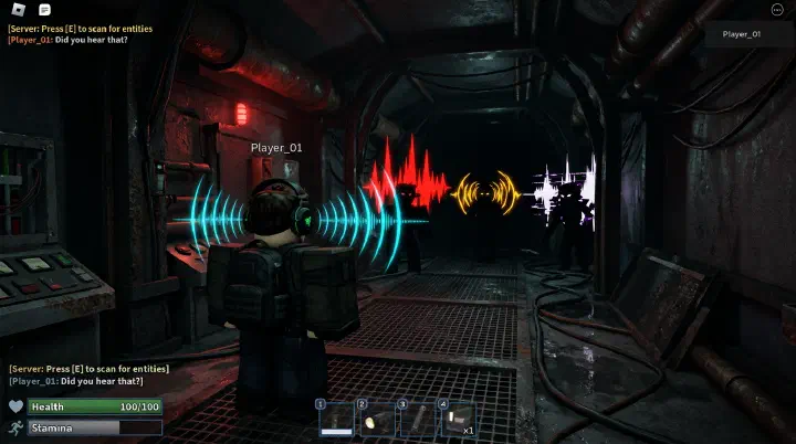Pressure player wearing headphones listening for entity audio cues in a dark corridor