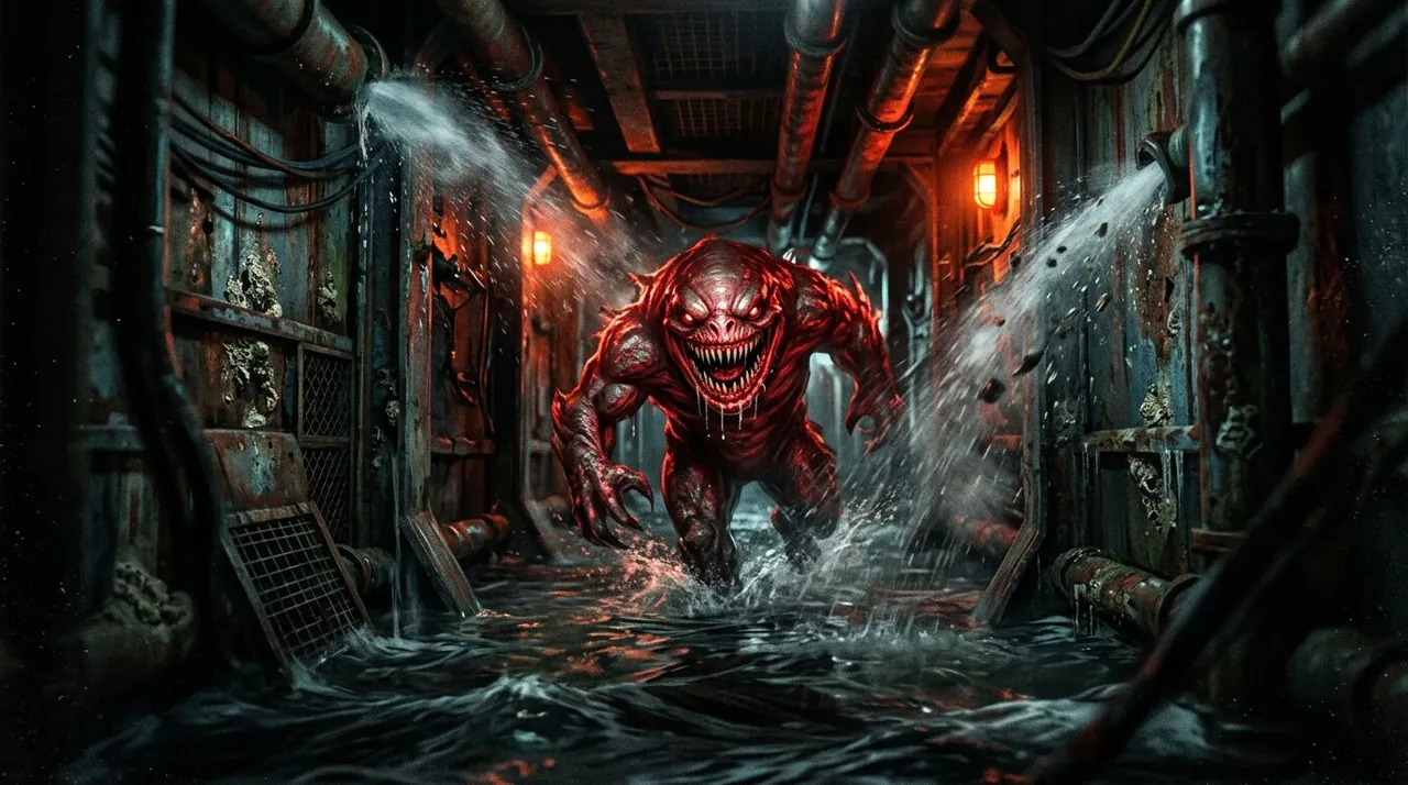 Pressure player sprinting down a flooded corridor as Pandemonium breaks through a wall behind them