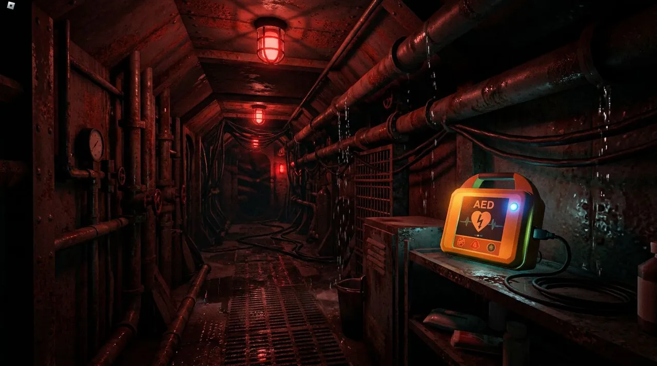 Pressure death and revive guide cover — a defibrillator in the dark submarine halls of Roblox Pressure