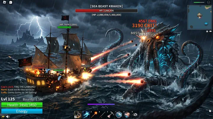 Sailor Piece ship battling a massive Sea Beast on the ocean