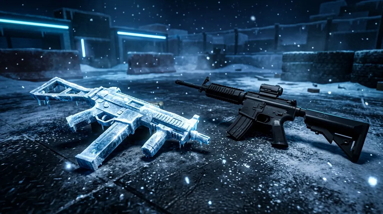 Rivals Season 4 weapons tier list cover — an icy frozen submachine gun and an assault rifle on a dark arena