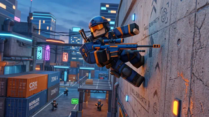 SNIPE Roblox FPS — sniper character wall-running with a rifle in hand