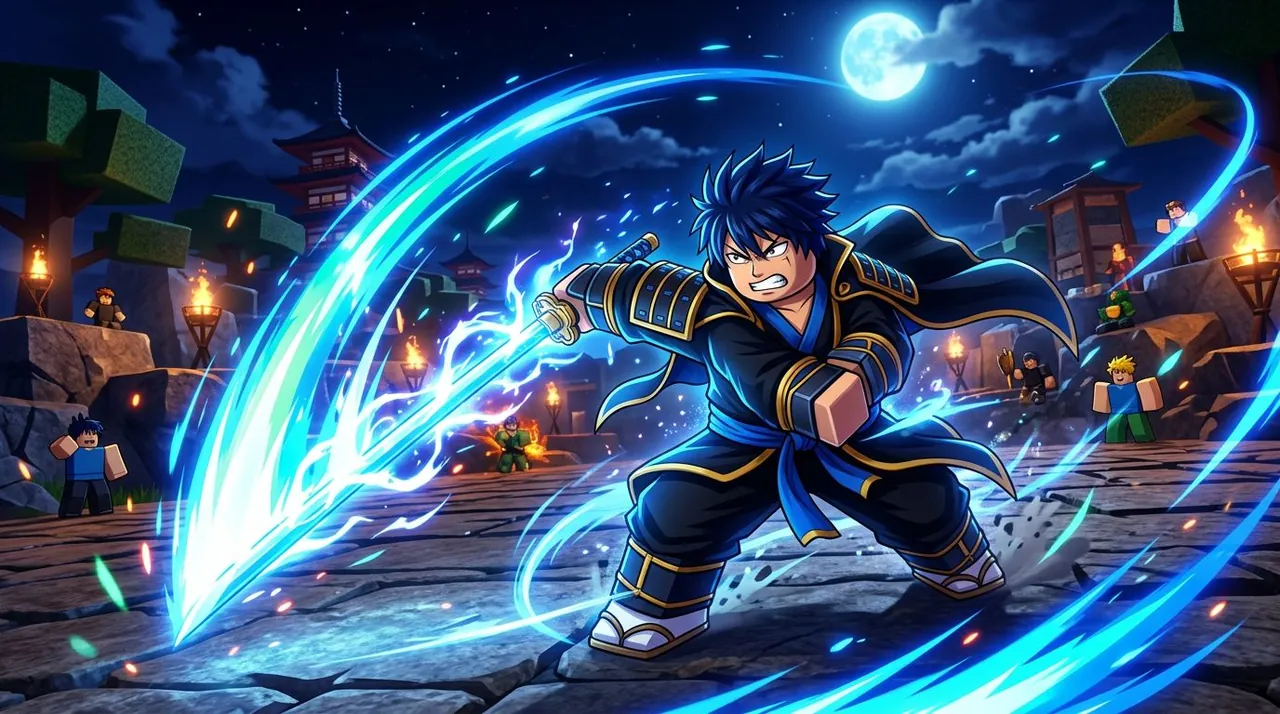 Blox Fruits swords and fighting styles meta guide cover — an anime swordsman with glowing katana and martial arts energy