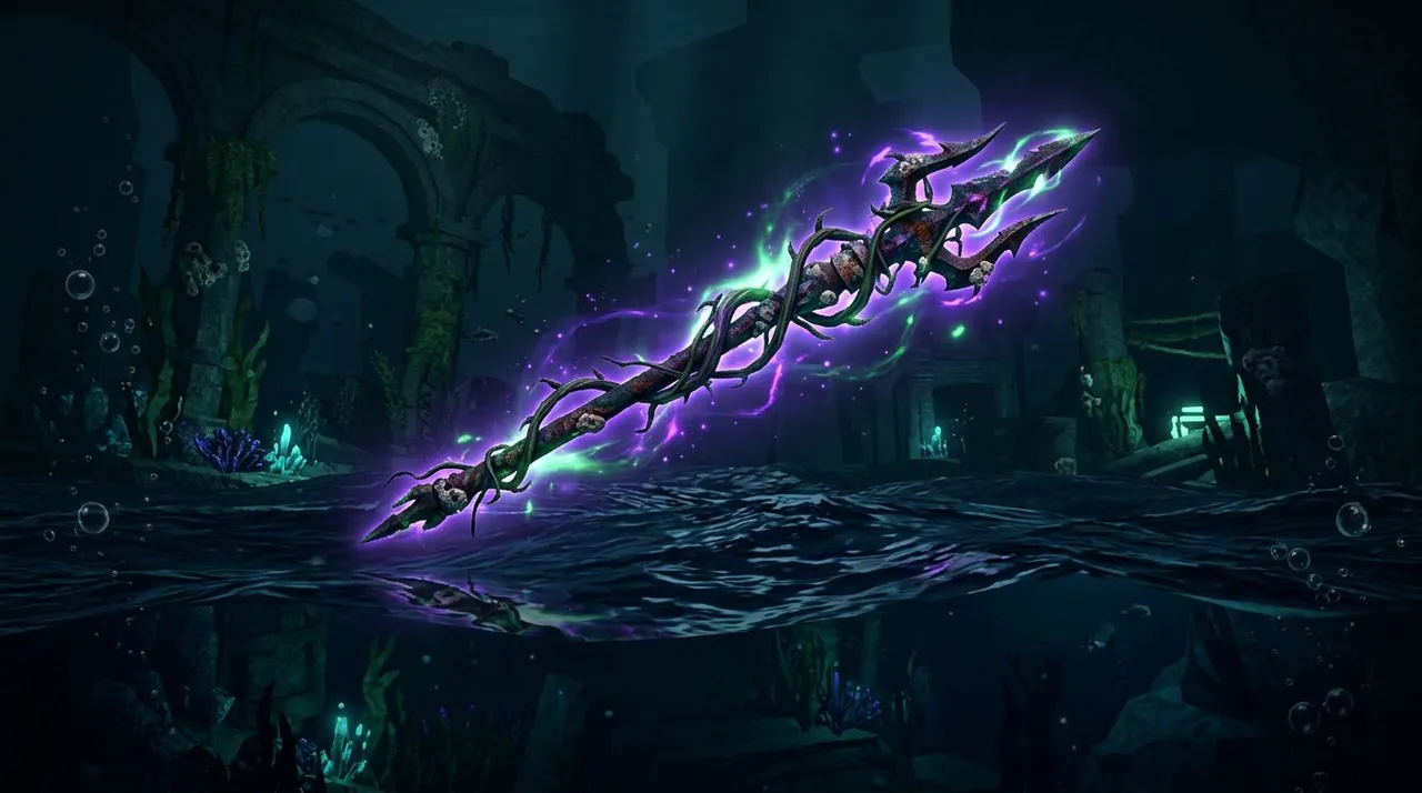 Fisch Withered Spear guide cover — a glowing withered spear above a fishing spot at Tidefall